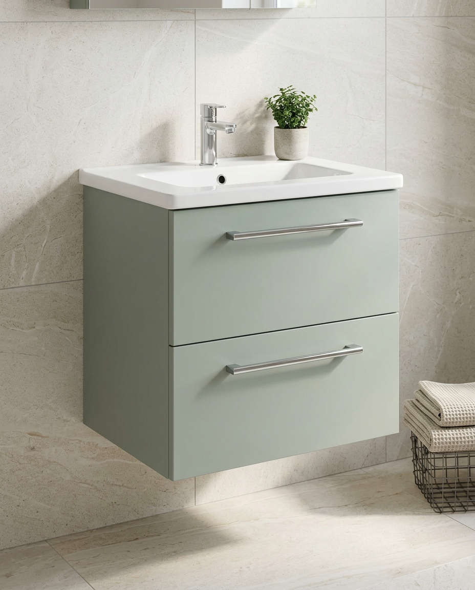 Kolora 600mm Wall Hung Vanity Unit & Basin, 2 Drawers in a bright modern bathroom