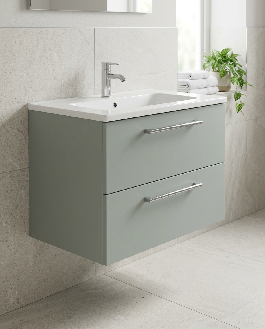 Kolora 800mm Wall Hung Vanity Unit & Basin, 2 Drawers in a bright modern bathroom