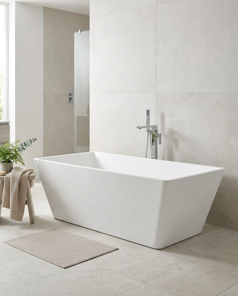 Kora Freestanding Bath in a bright modern bathroom