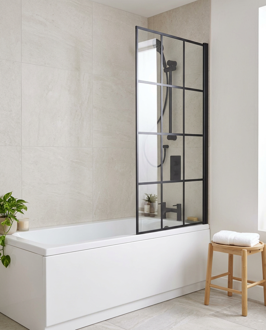 Krest Black Grid Bath Screen in a bright modern bathroom