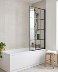 Krest Black Grid Bath Screen in a bright modern bathroom