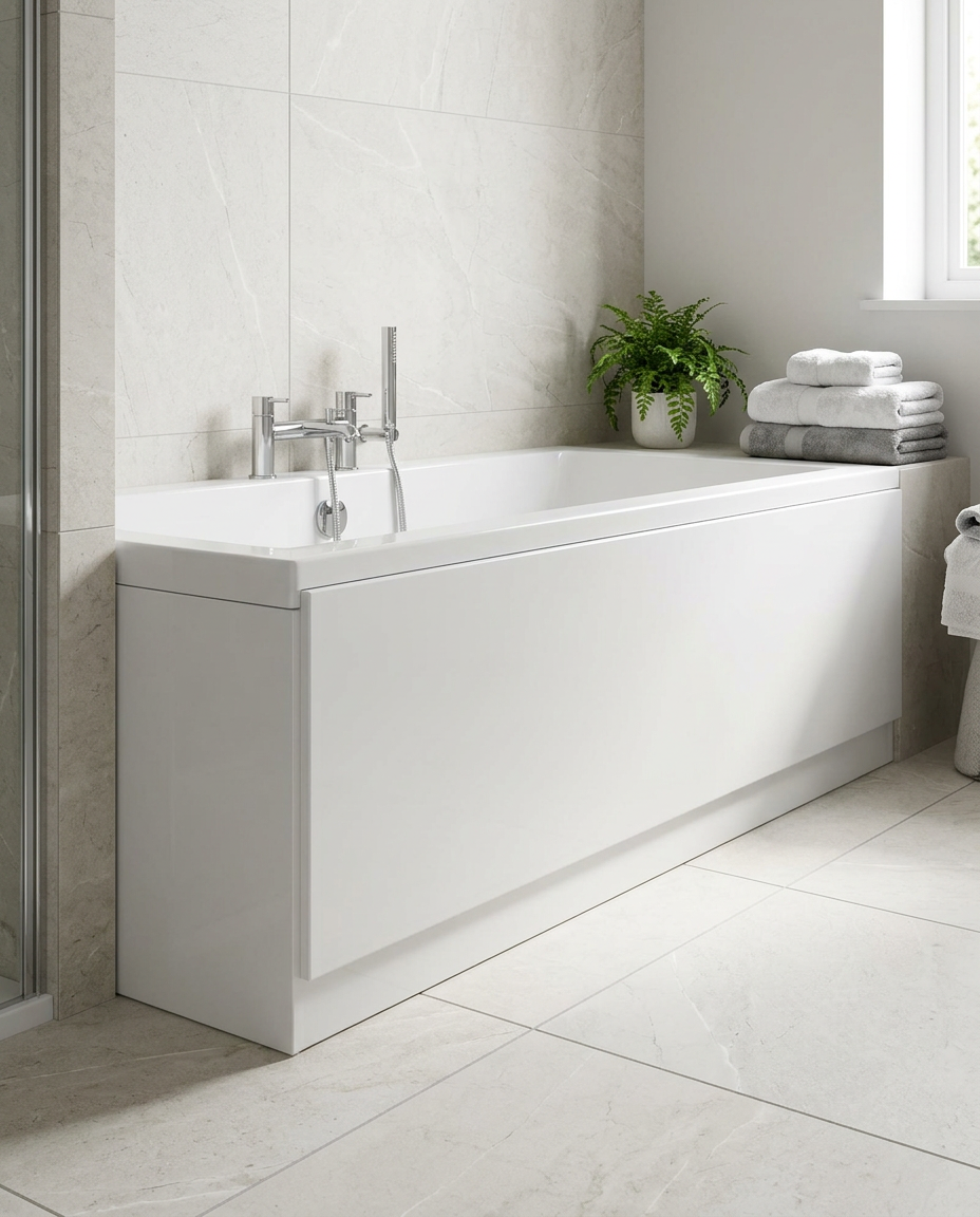 Lacca White Gloss Bath Panels in a bright modern bathroom