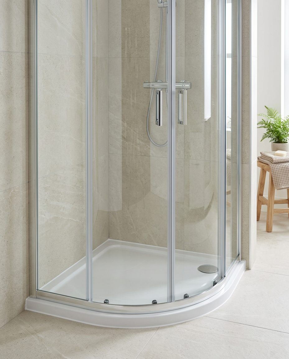 Levo Low Profile Quadrant Shower Tray in a bright modern bathroom
