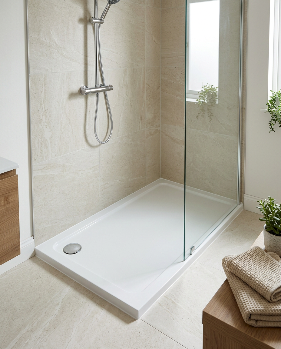 Levo Low Profile Shower Tray in a bright modern bathroom