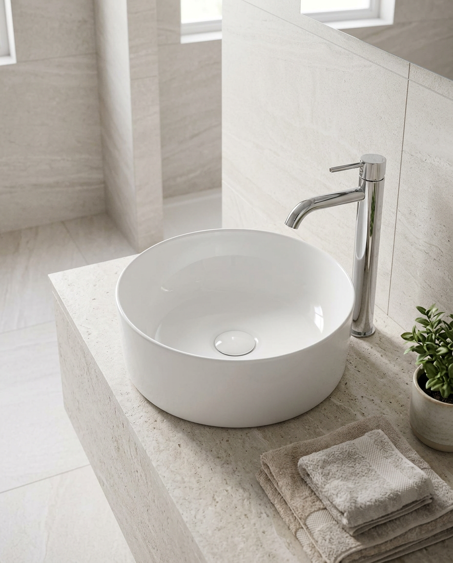 Lexi Round Countertop Basin in a bright modern bathroom