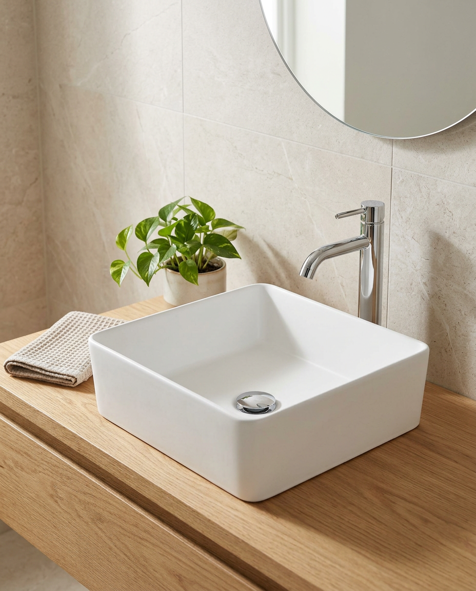Lexi Square Countertop Basin in a bright modern bathroom