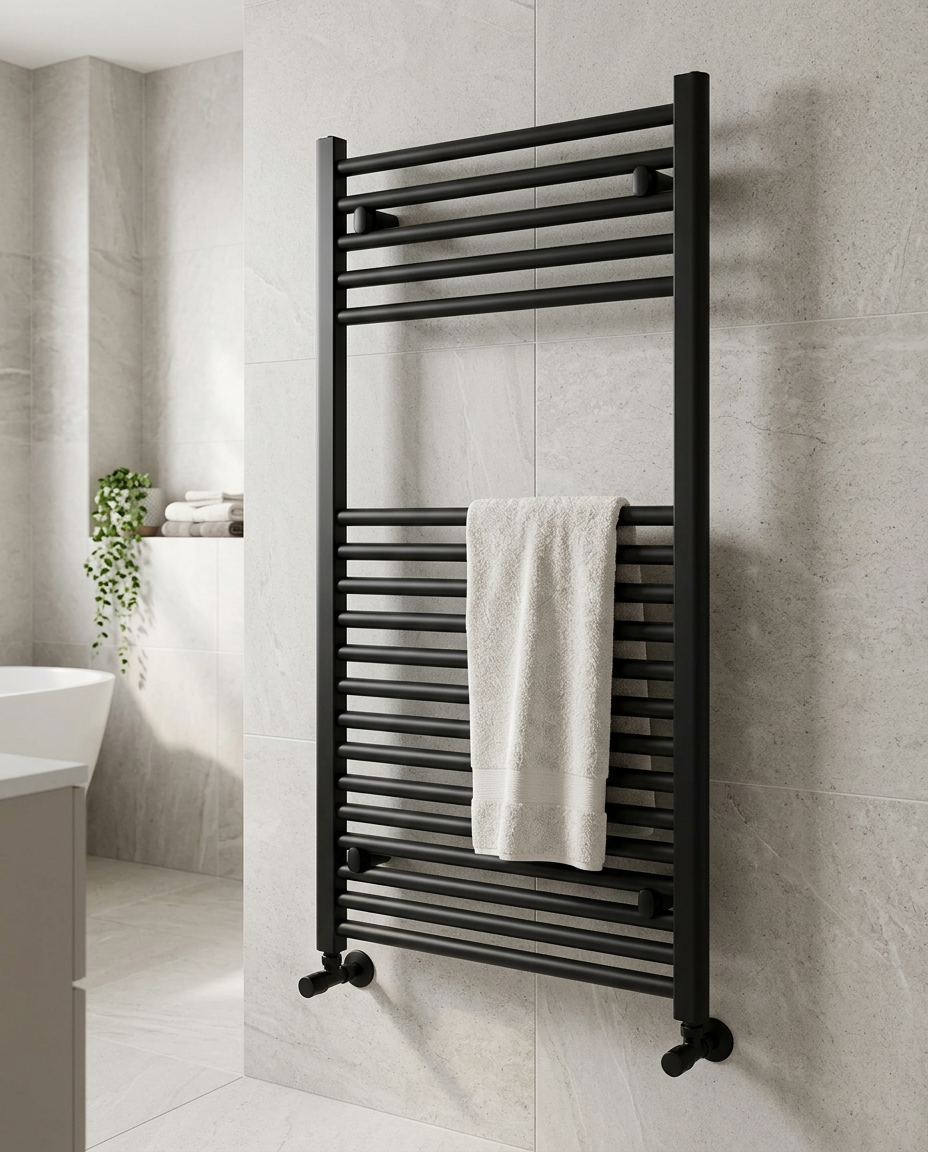 Linea Heated Towel Rail in a bright modern bathroom