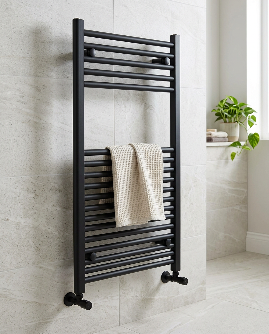 Linea Heated Towel Rail with Valves in a bright modern bathroom