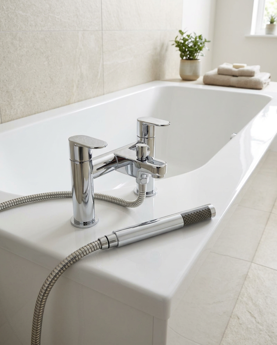 Logan Bath Shower Mixer in a bright modern bathroom