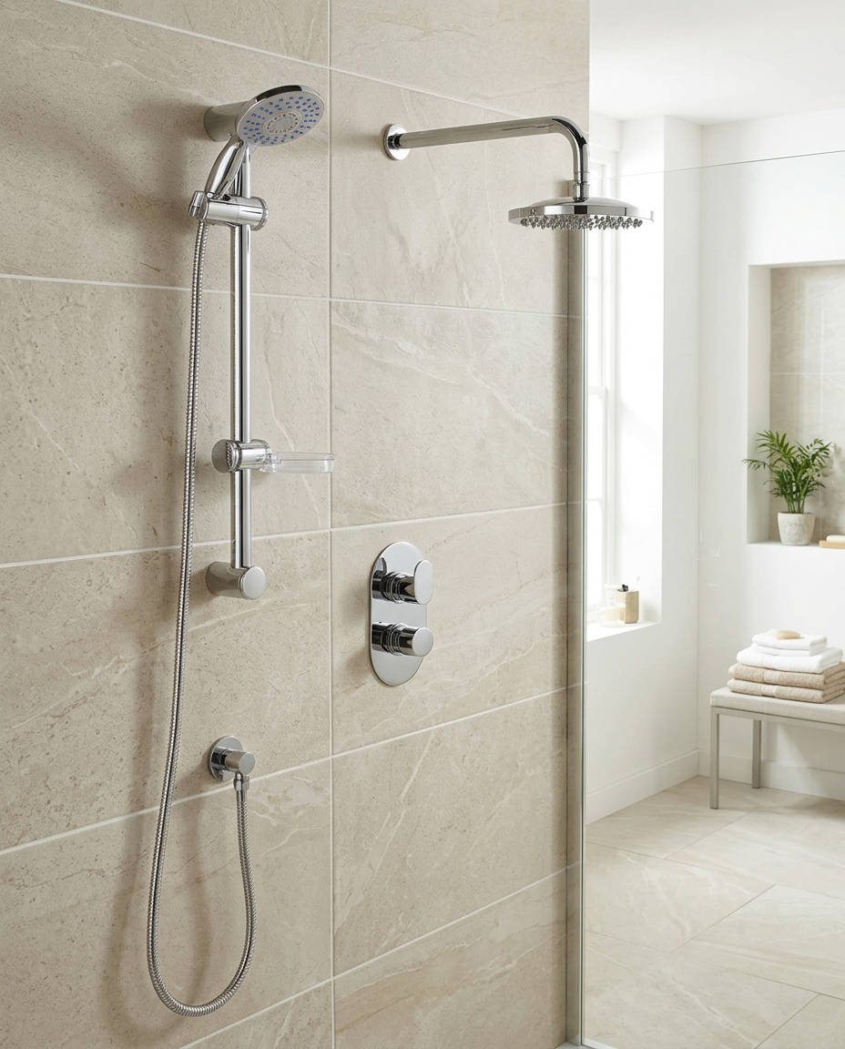 Logan Thermostatic Shower Sets & Valves in a bright modern bathroom