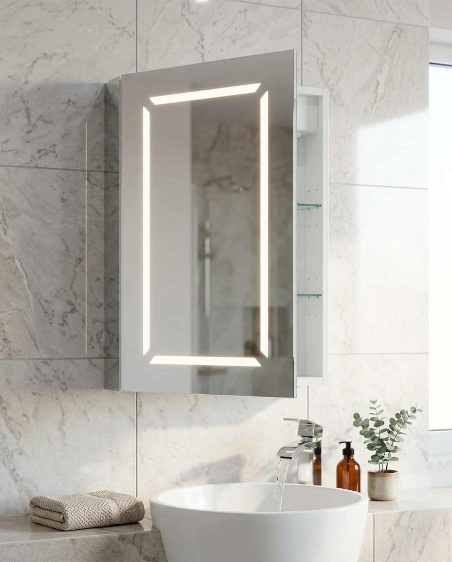 Loop LED Mirror Cabinet in a bright modern bathroom