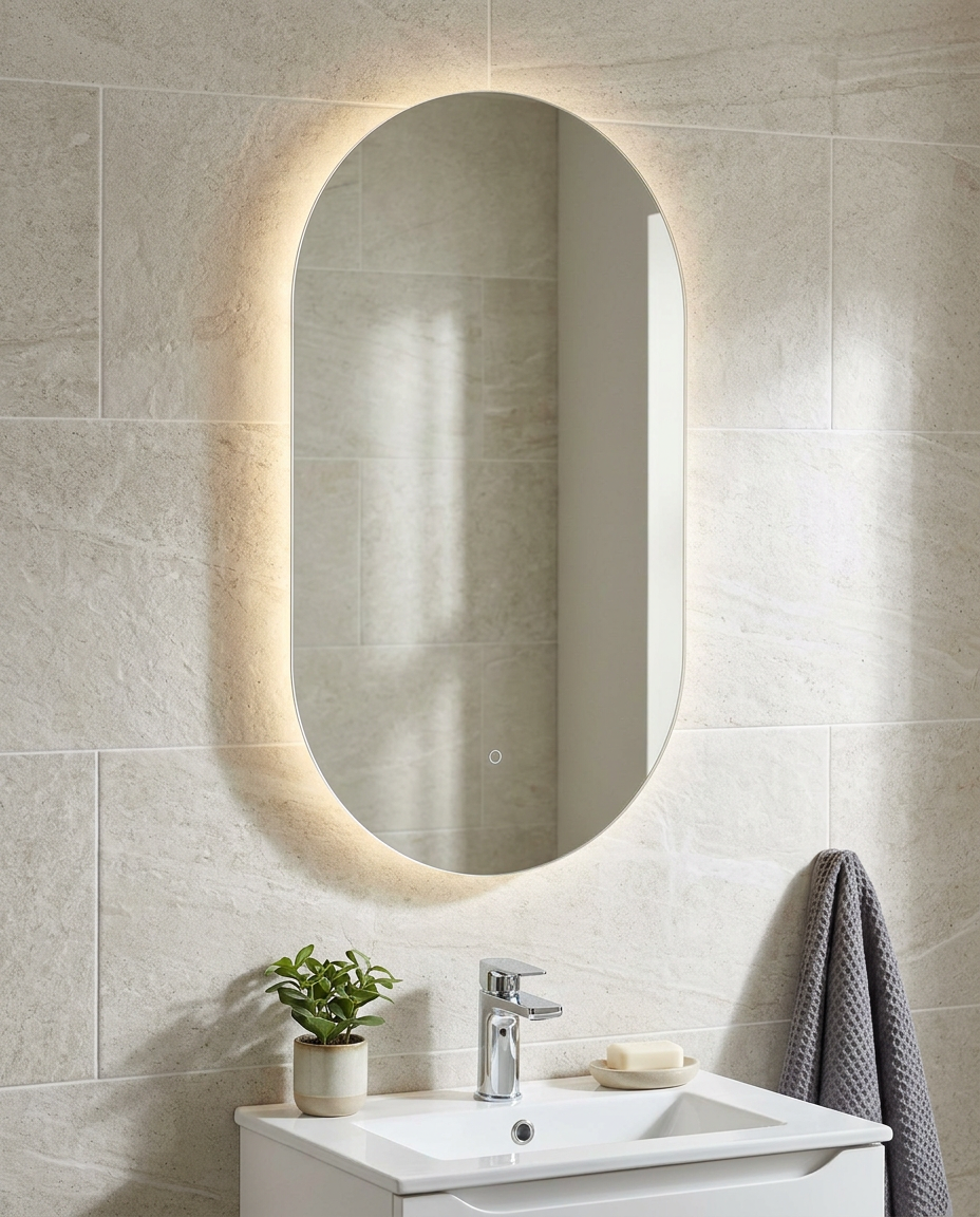 Loxley Capsule LED Mirror in a bright modern bathroom