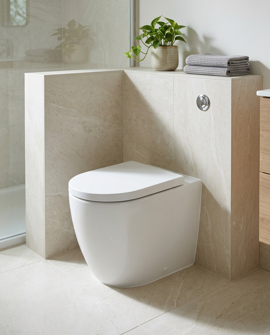 Lucca Round Back to Wall Toilet in a bright modern bathroom