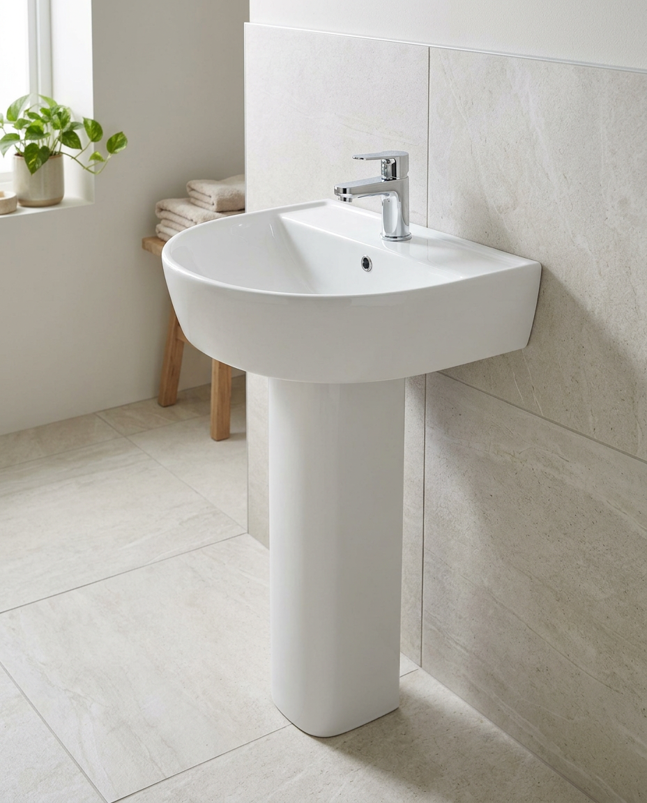 Lucca Round Basin & Pedestal in a bright modern bathroom