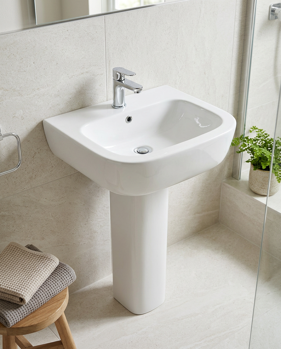 Lucca Square Basin & Pedestal in a bright modern bathroom