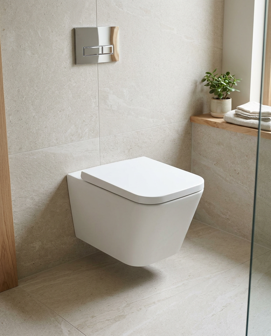 Lucca Square Wall Hung Toilet in a bright modern bathroom