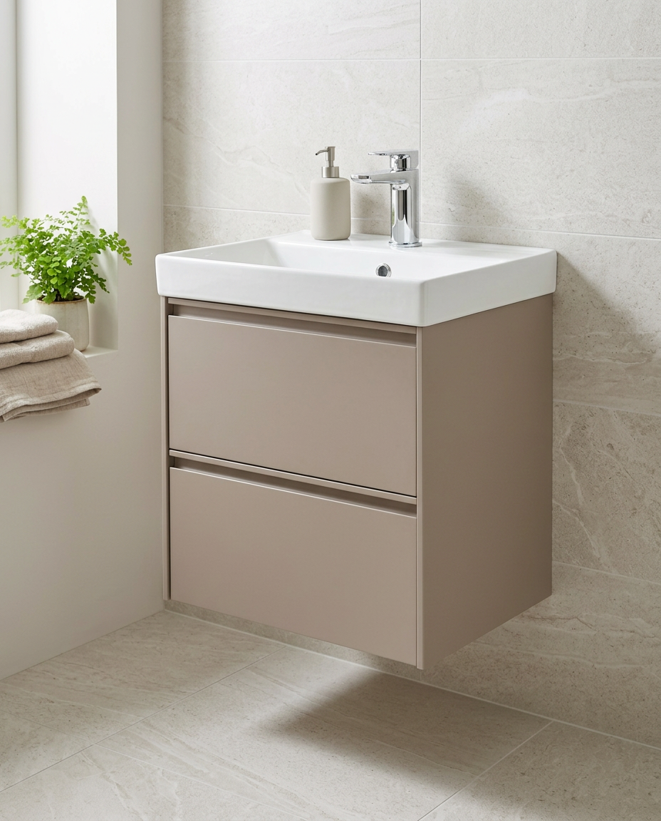 Luna 500mm Wall Hung Vanity Unit & Basin, 2 Drawers, cocoa in a bright modern bathroom