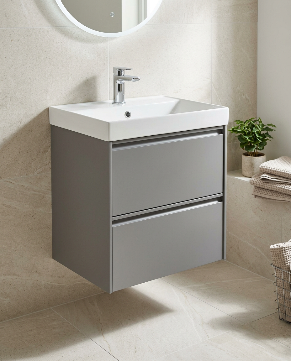 Luna 500mm Wall Hung Vanity Unit & Basin, 2 Drawers, matt grey in a bright modern bathroom