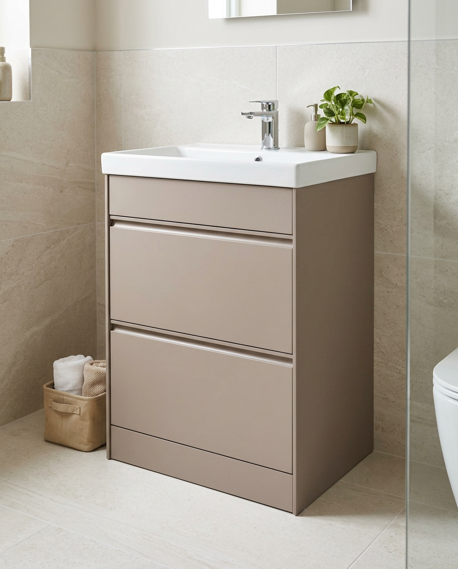 Luna 600mm Floor Standing Vanity Unit & Basin, 2 Drawers, cocoa in a bright modern bathroom