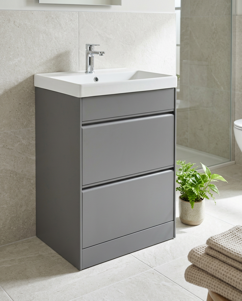 Luna 600mm Floor Standing Vanity Unit & Basin, 2 Drawers, matt grey in a bright modern bathroom