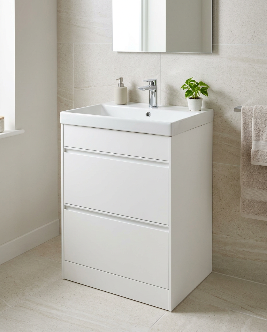 Luna 600mm Floor Standing Vanity Unit & Basin, 2 Drawers, matt white in a bright modern bathroom