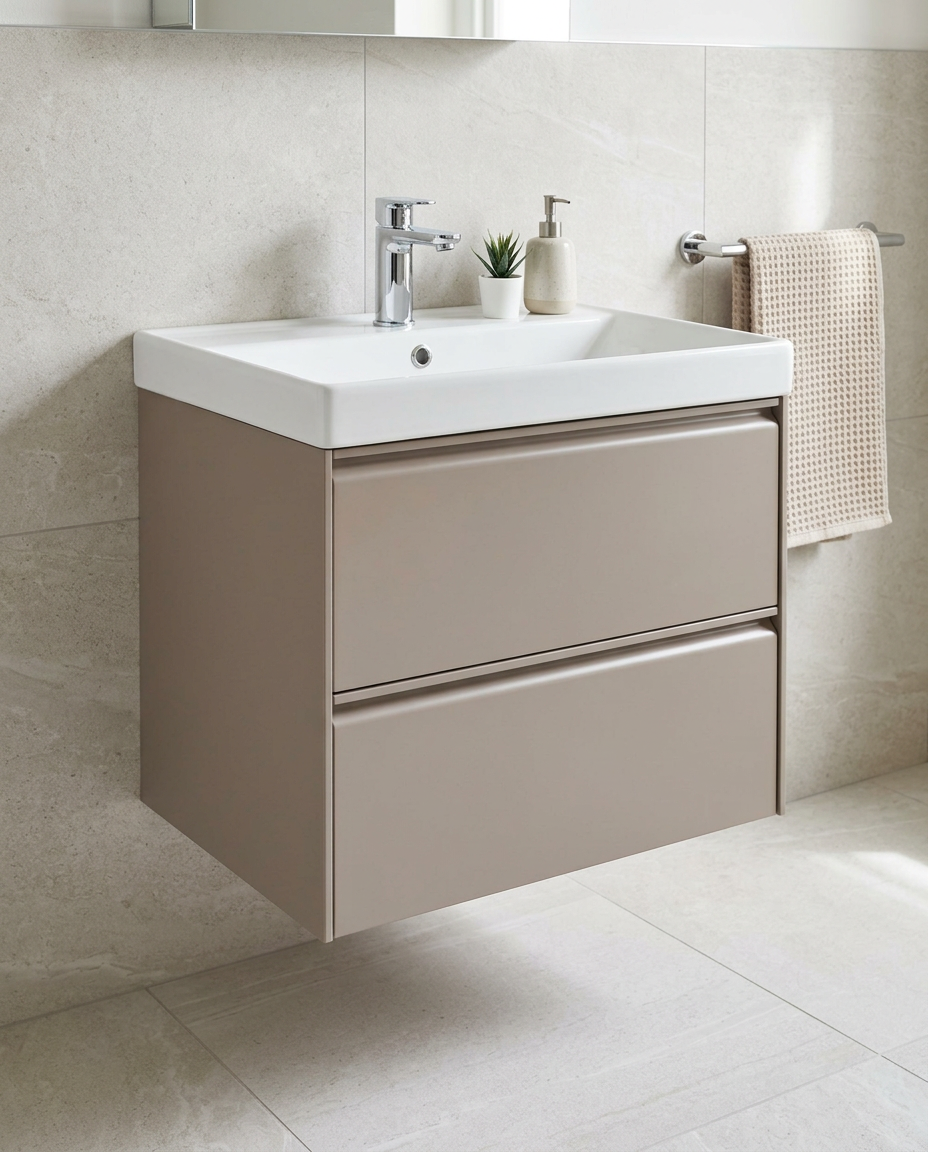 Luna 600mm Wall Hung Vanity Unit & Basin, 2 Drawers, cocoa in a bright modern bathroom