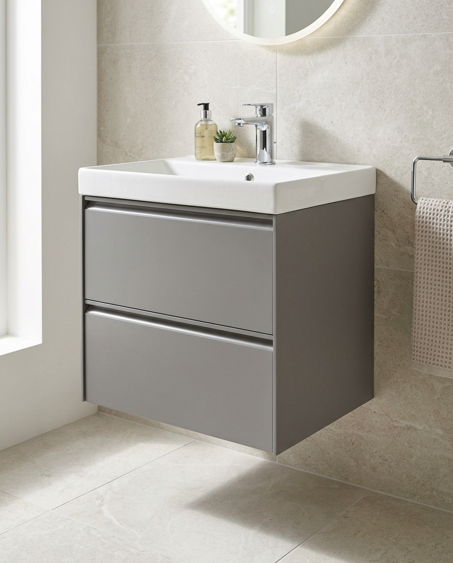 Luna 600mm Wall Hung Vanity Unit & Basin, 2 Drawers, matt grey in a bright modern bathroom
