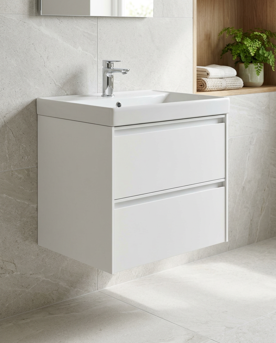 Luna 600mm Wall Hung Vanity Unit & Basin, 2 Drawers, matt white in a bright modern bathroom