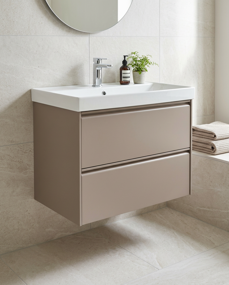 Luna 800mm Wall Hung Vanity Unit & Basin, 2 Drawers, cocoa in a bright modern bathroom