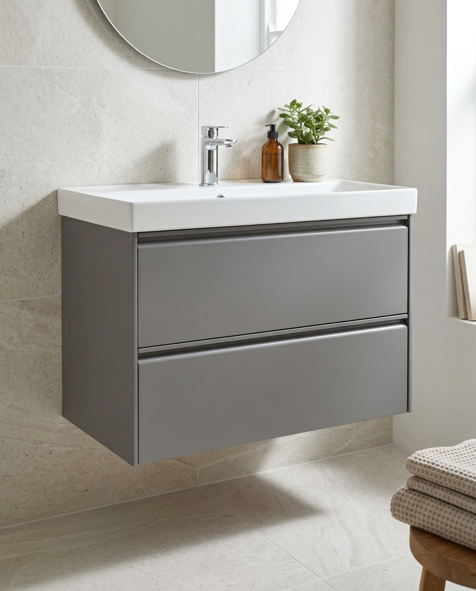 Luna 800mm Wall Hung Vanity Unit & Basin, 2 Drawers, matt grey in a bright modern bathroom