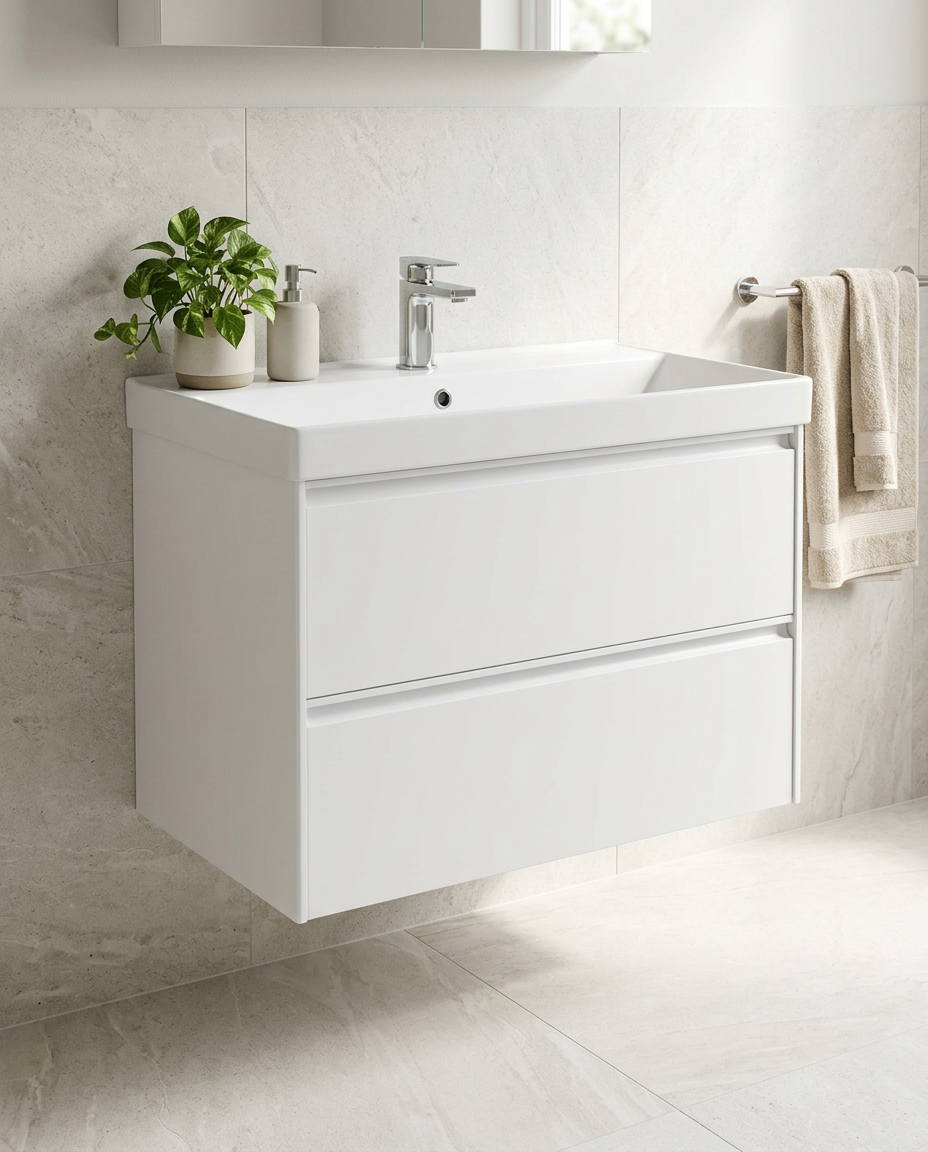 Luna 800mm Wall Hung Vanity Unit & Basin, 2 Drawers, matt white in a bright modern bathroom