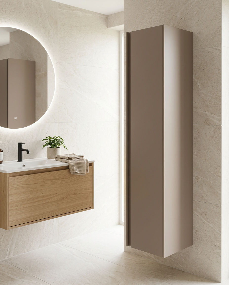 Luna Wall Mounted Tall Unit, cocoa in a bright modern bathroom