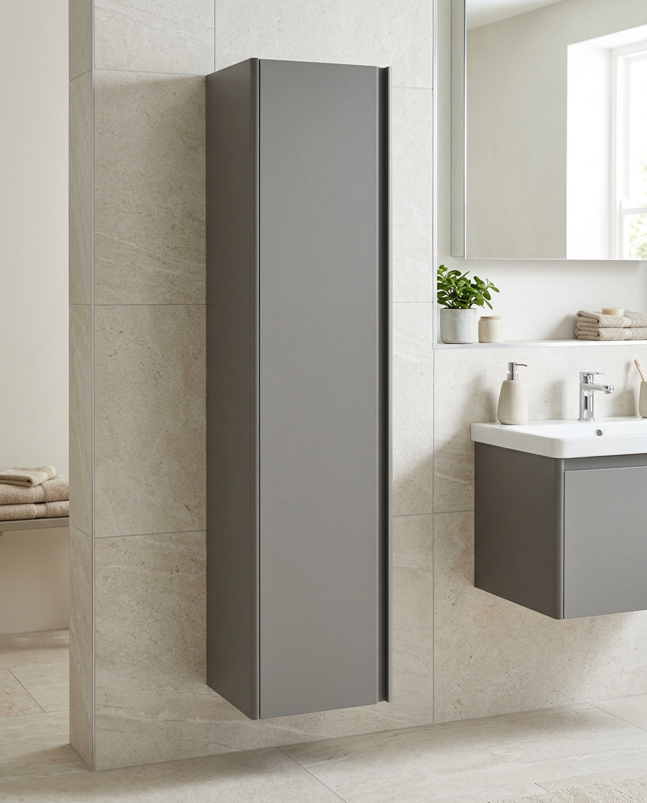 Luna Wall Mounted Tall Unit, matt grey in a bright modern bathroom