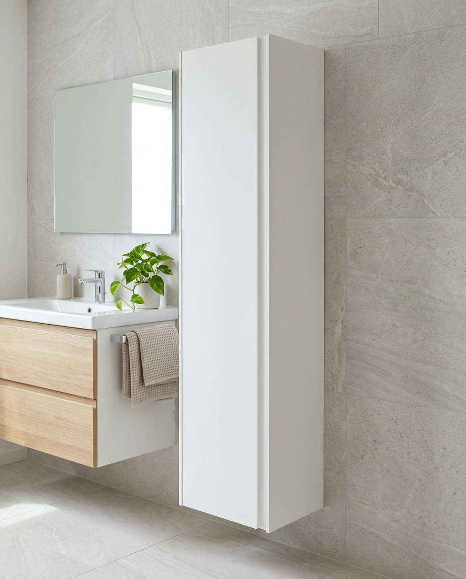 Luna Wall Mounted Tall Unit, matt white in a bright modern bathroom