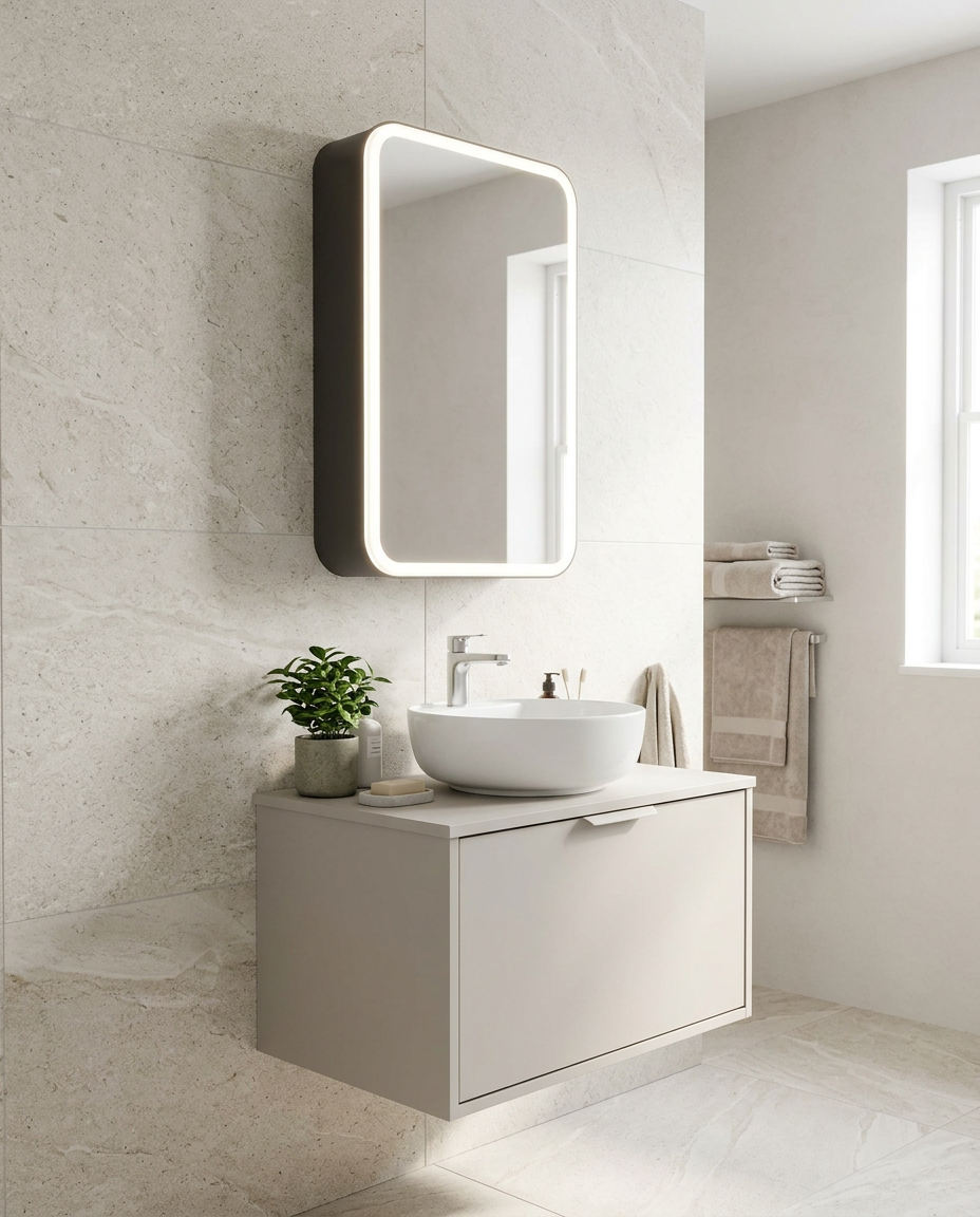 Luneta LED Mirror Cabinet in a bright modern bathroom