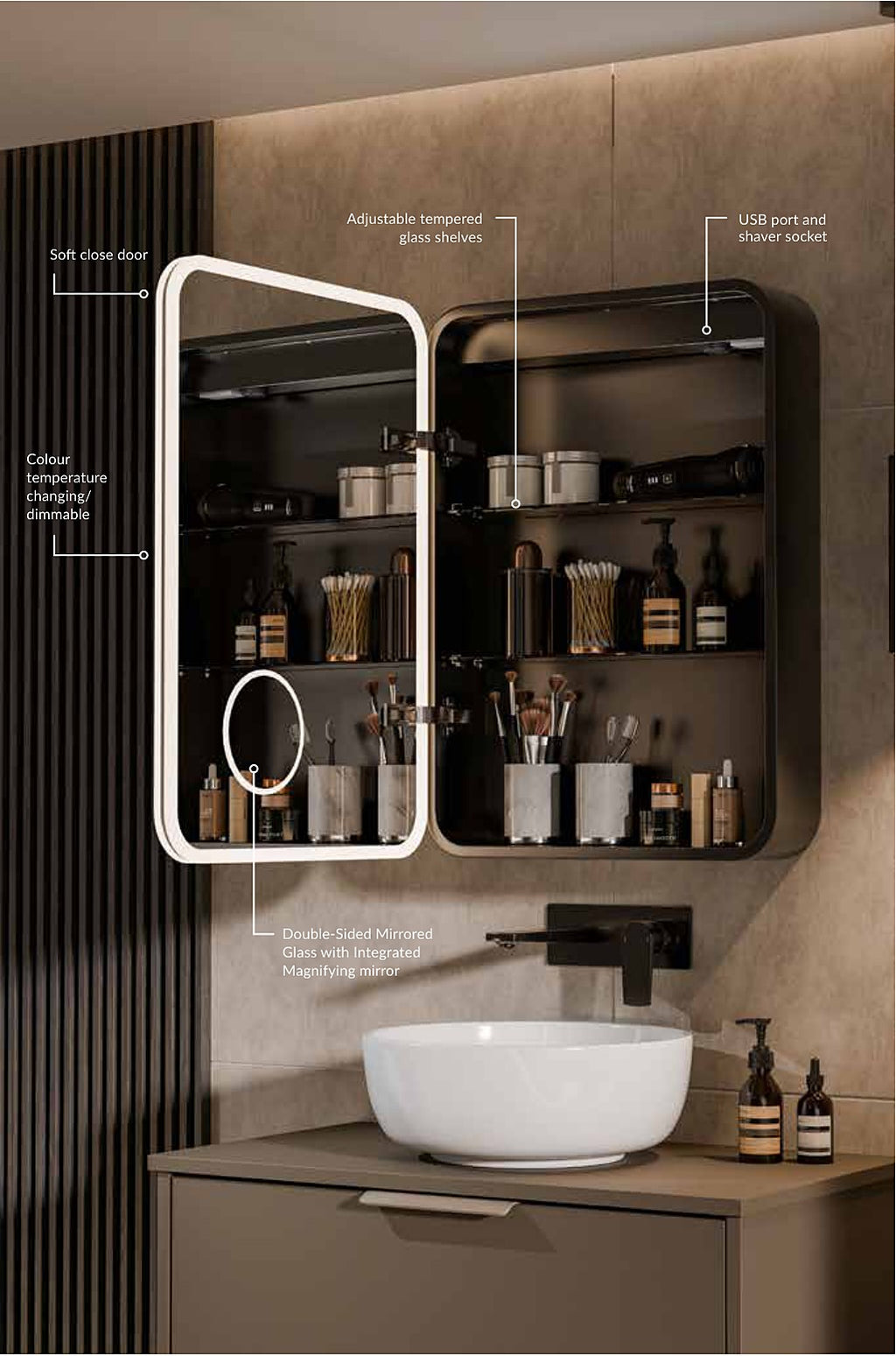 Luneta two-door mirror cabinet open, showing shelves, magnifier and sockets