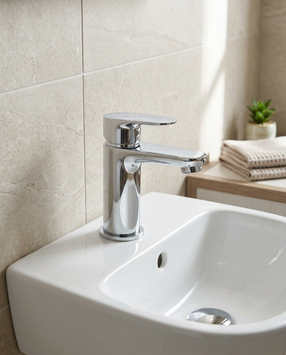 Lustra Mini Mono Basin Mixer in a bright modern bathroom