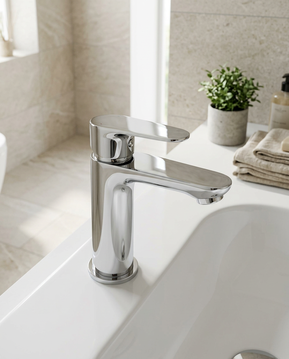 Lustra Mono Basin Mixer in a bright modern bathroom