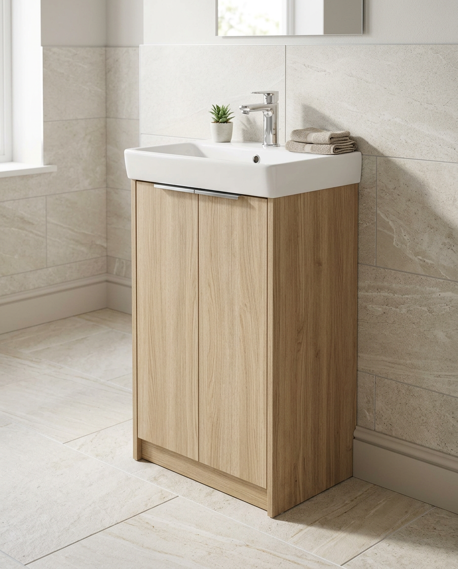 Madeley 500mm Floorstanding Vanity Unit & Basin, 2 Doors in a bright modern bathroom