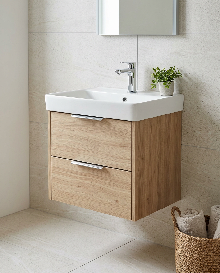 Madeley 500mm Wall Hung Vanity Unit & Basin, 2 Drawers in a bright modern bathroom