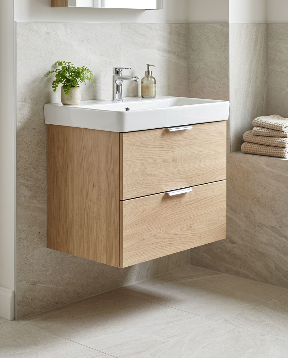 Madeley 600mm Wall Hung Vanity Unit & Basin, 2 Drawers in a bright modern bathroom