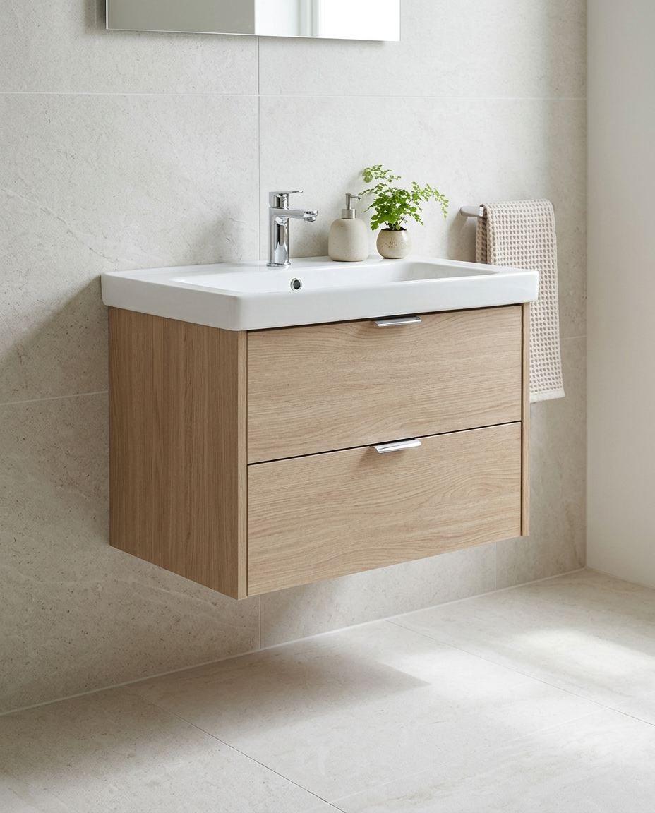 Madeley 800mm Wall Hung Vanity Unit & Basin, 2 Drawers in a bright modern bathroom