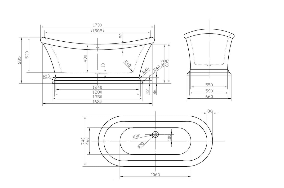 Maeve freestanding boat bath technical drawing with dimensions