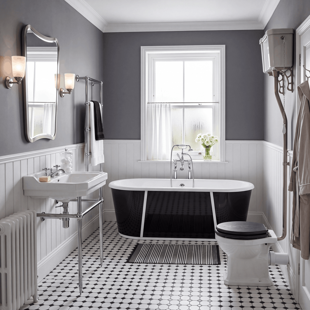 Lichfield Cast Iron Bath, High Level Toilet, and Washstand with Basin Suite