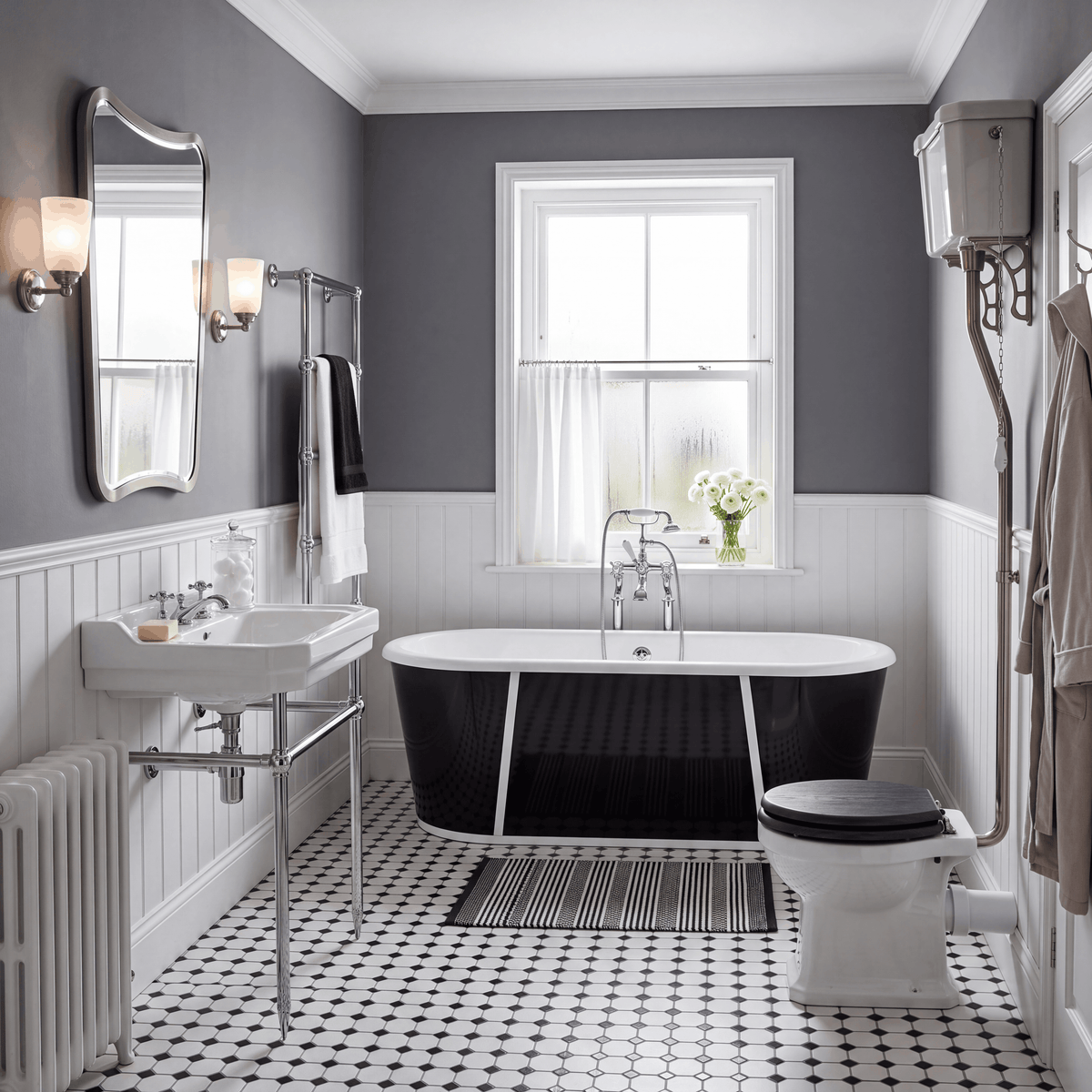 Lichfield Cast Iron Bath, High Level Toilet, and Washstand with Basin Suite