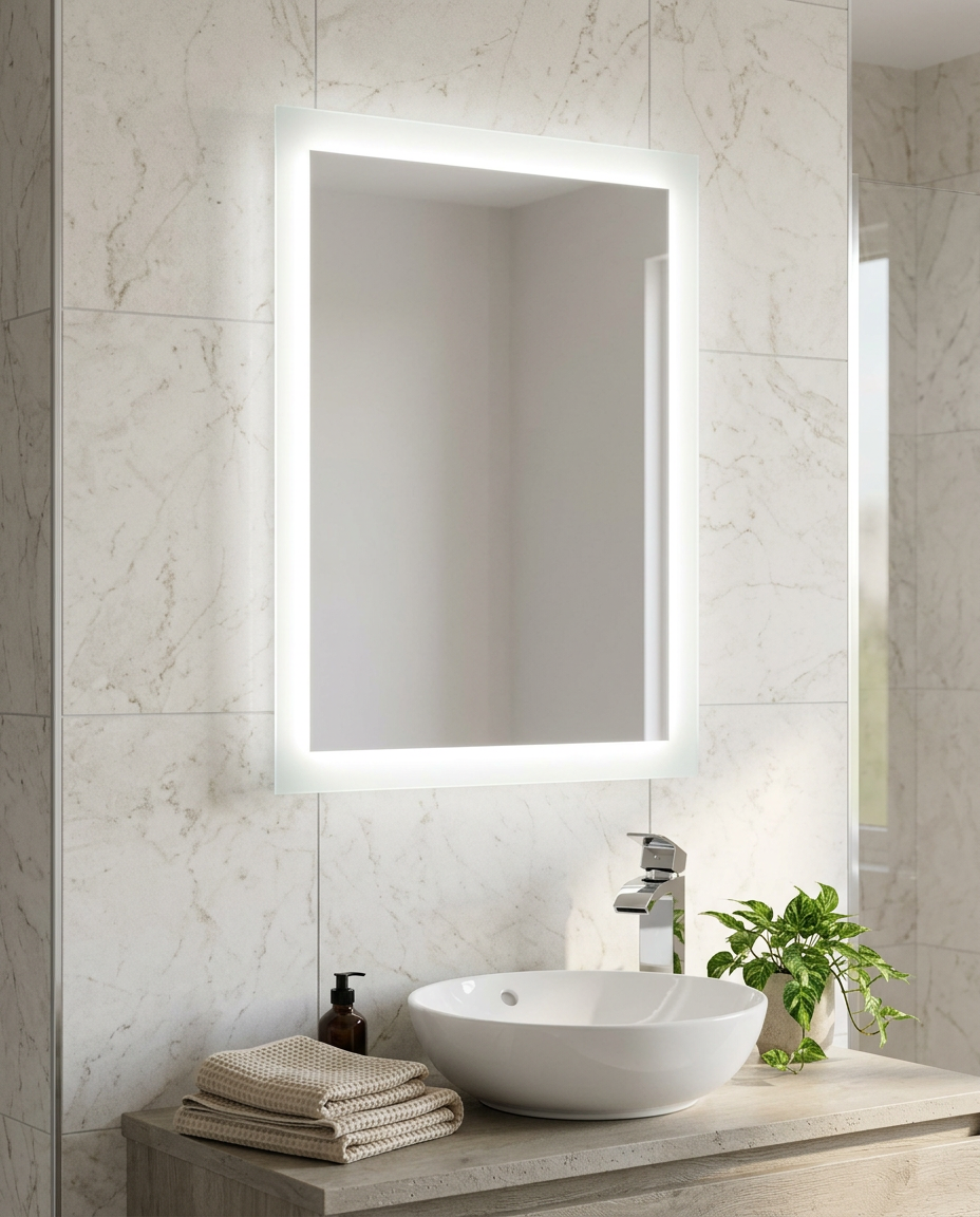 Malvern LED Mirror with Shaver Socket in a bright modern bathroom