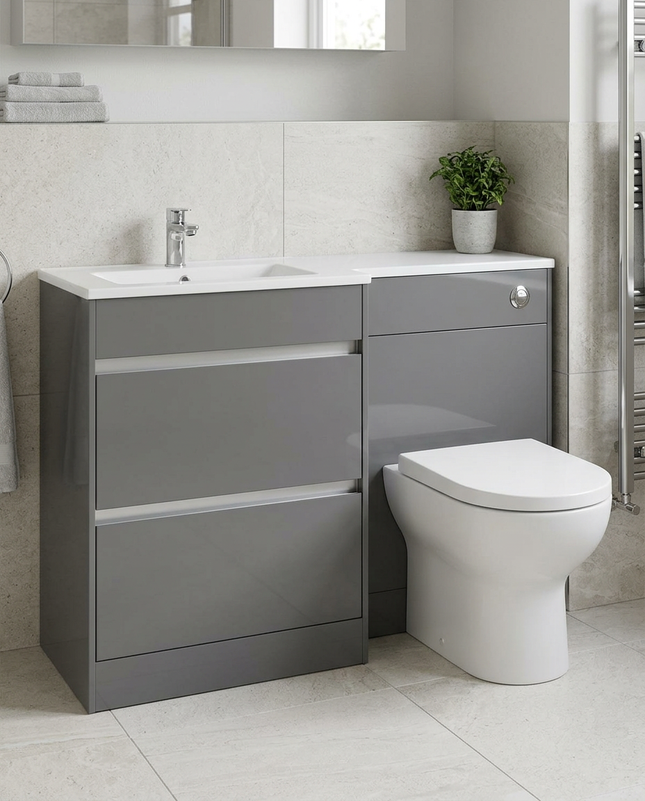 Mayfair 1100mm L-Shaped Furniture Set, storm grey gloss in a bright modern bathroom