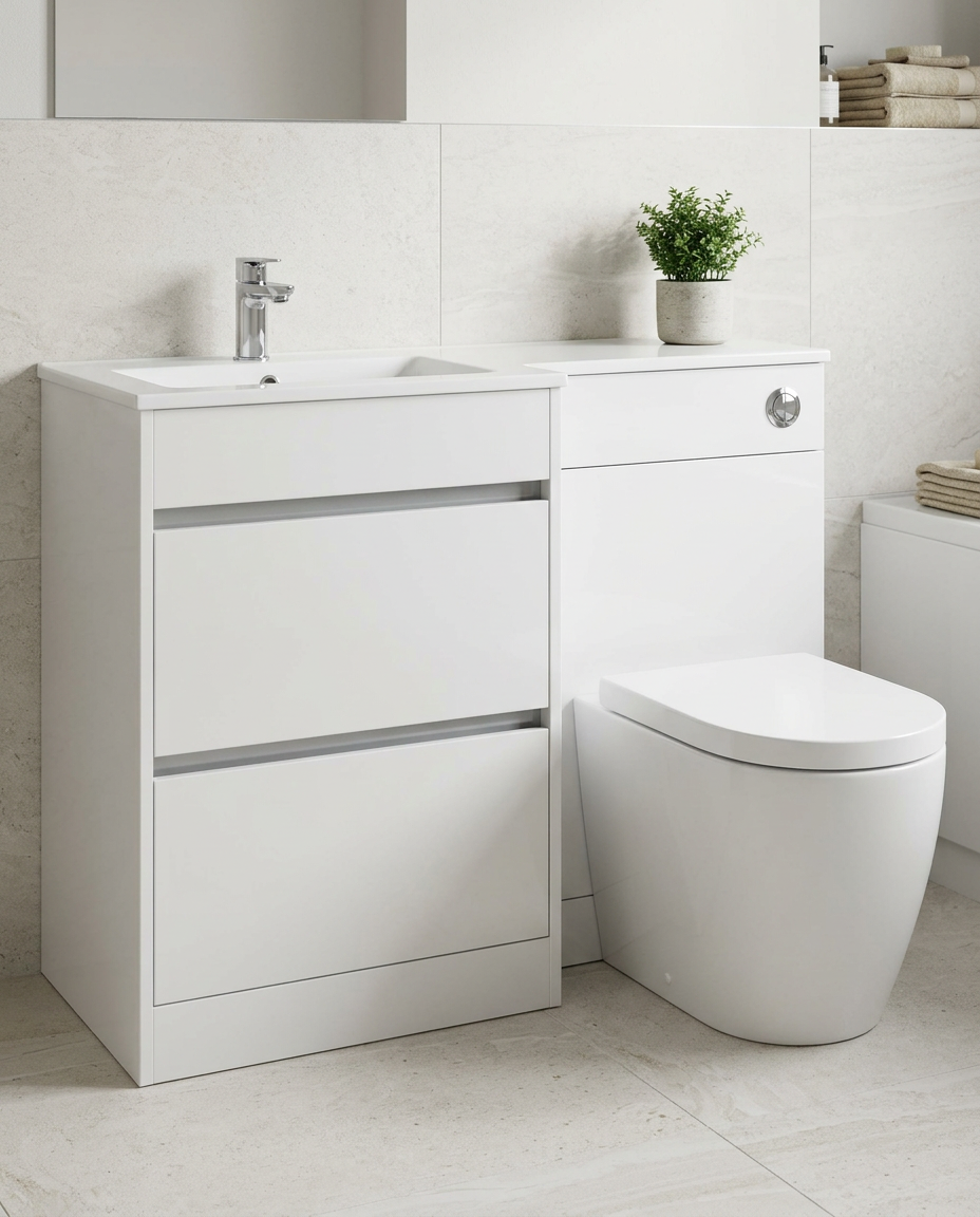 Mayfair 1100mm L-Shaped Furniture Set, white gloss in a bright modern bathroom
