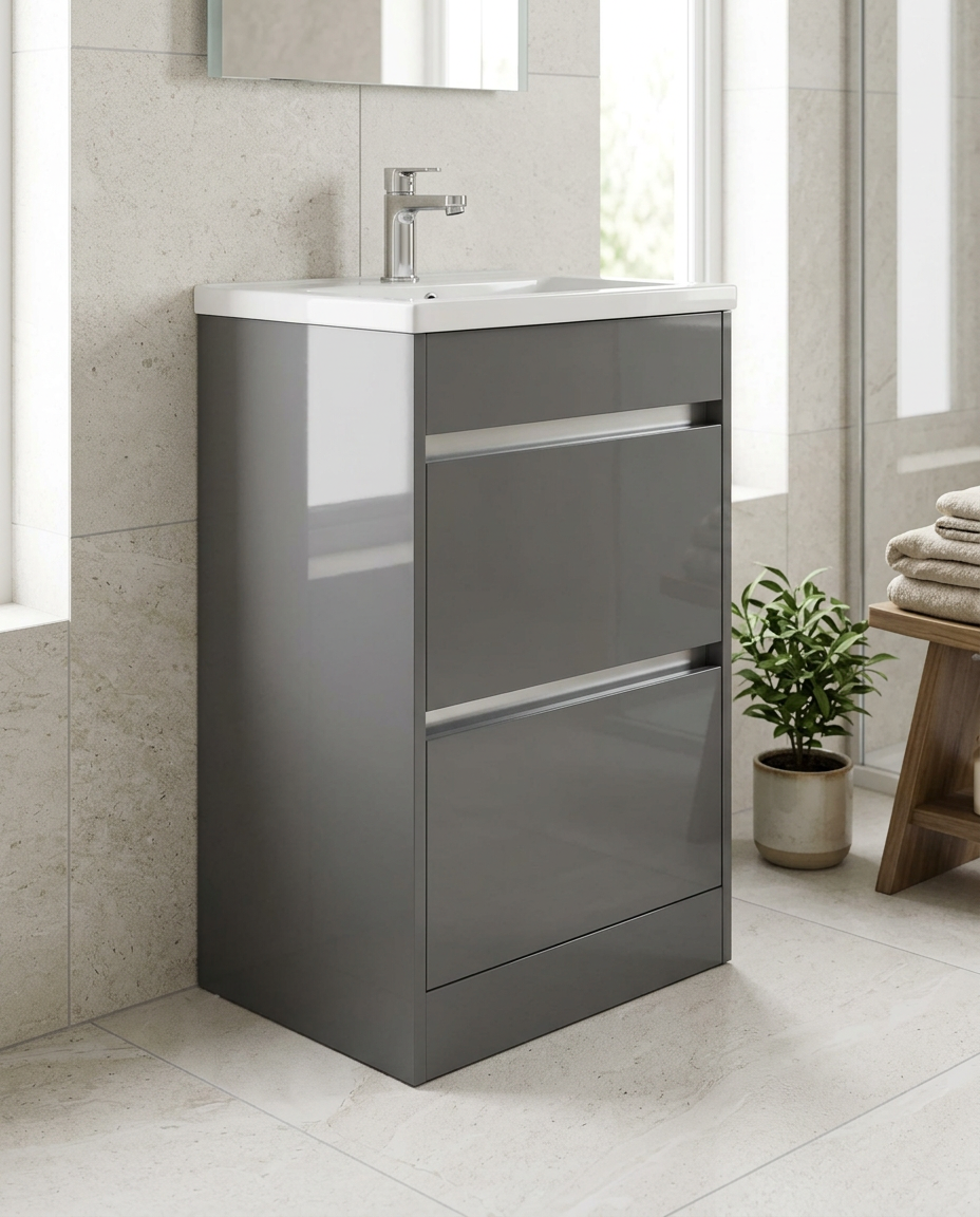 Mayfair 500mm Floor Standing Vanity Unit & Basin, storm grey gloss in a bright modern bathroom