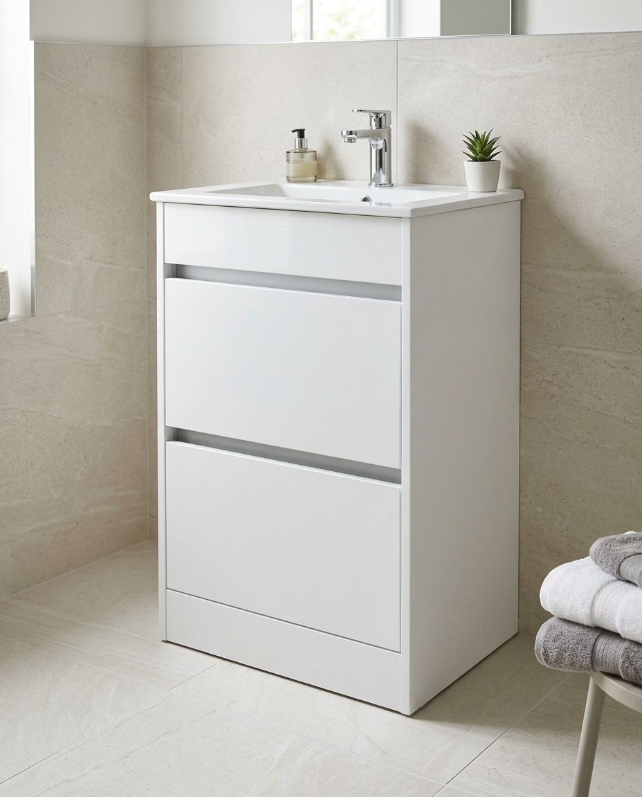 Mayfair 500mm Floor Standing Vanity Unit & Basin, white gloss in a bright modern bathroom